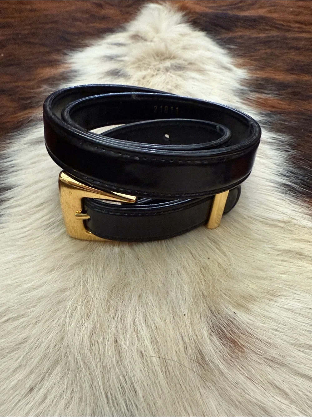 St. John Black Patent Leather Belt with Gold Buckle